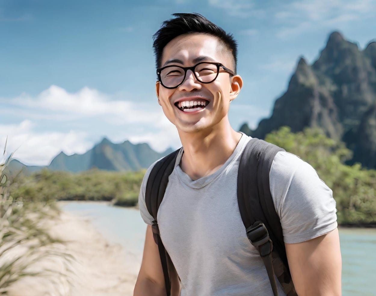 Asian man aged 28 to 30, wearing glasses, travelling somewhere exotic, sunny, achieving his goals and looking happy.