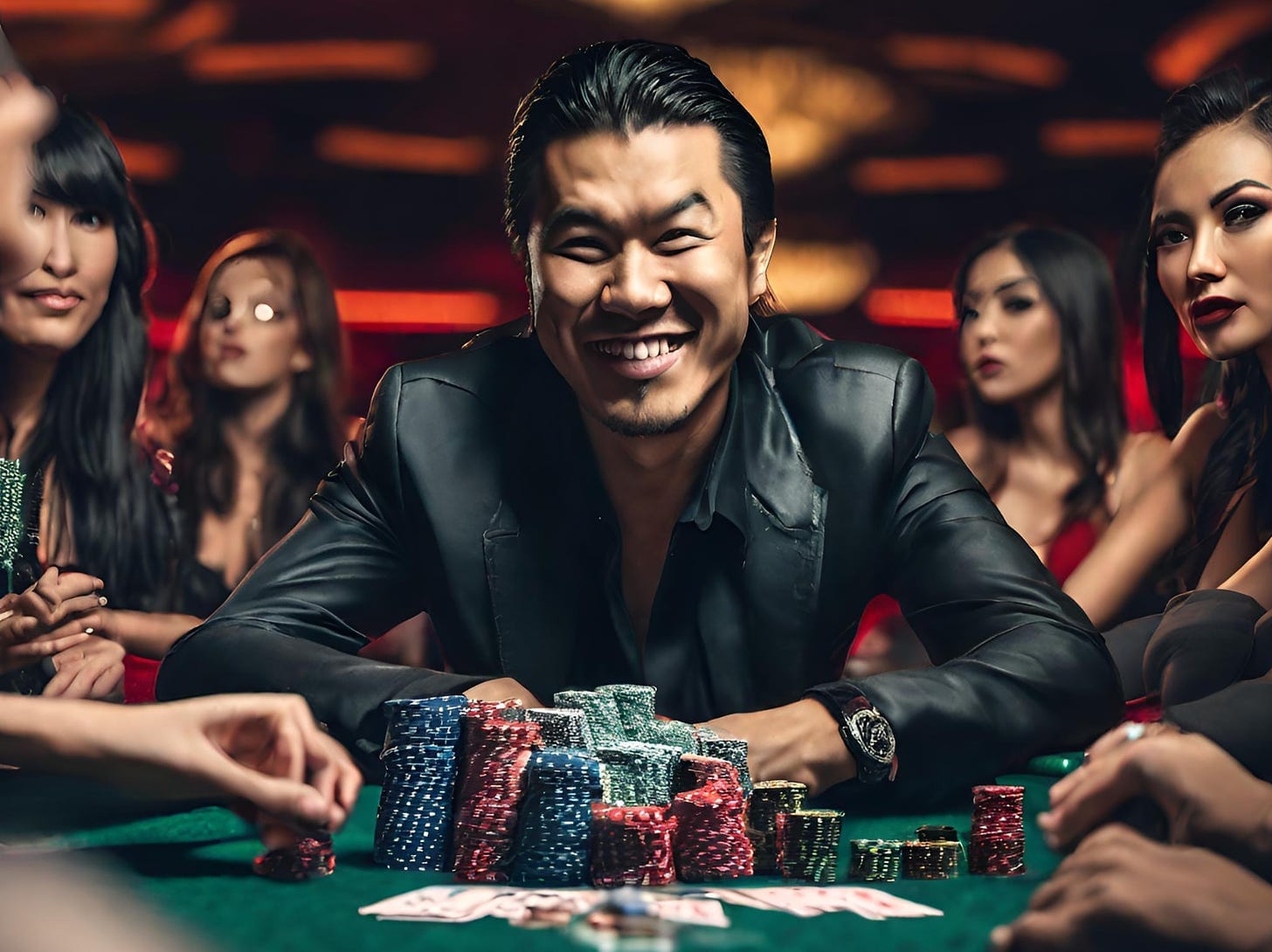 Asian American rockstar in a casino betting his life savings at the poker table.