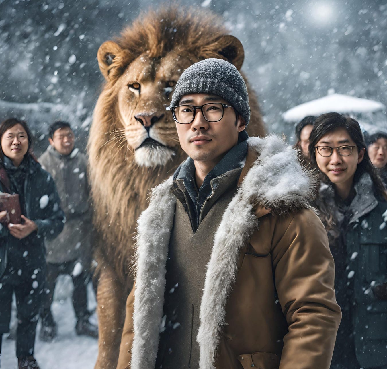 Asian male in his 30's entering Narnia, snow fall and lion next to him. A group of people standing behind him.