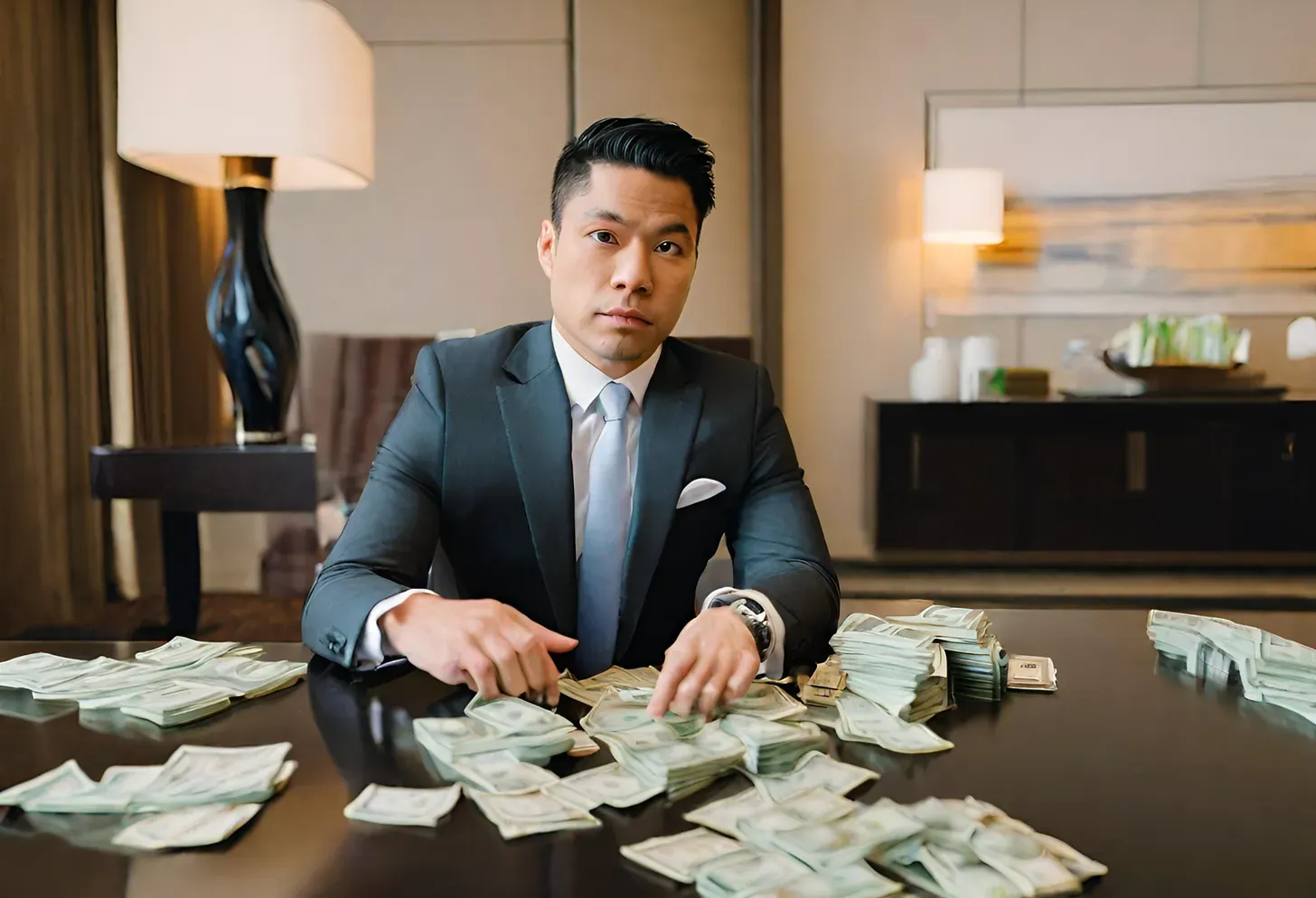 CEO of a company wearing a suit, sitting in an executive suite in a luxury hotel, counting cash.