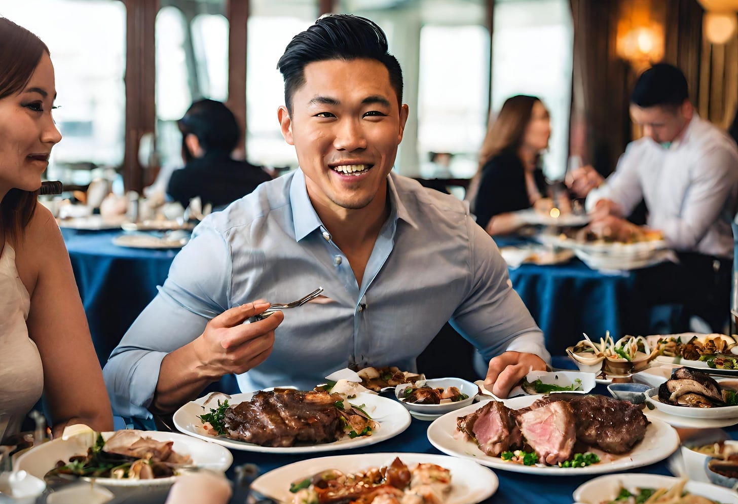 Asian male in his 30s, semi-fit build, at a buffet eating steak and seafood. The table is filled with plates of food.