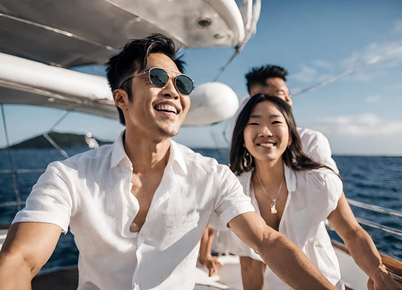 Asian male in his 30s, semi-fit build, partying on a yacht in the middle of the ocean on a sunny day with friends