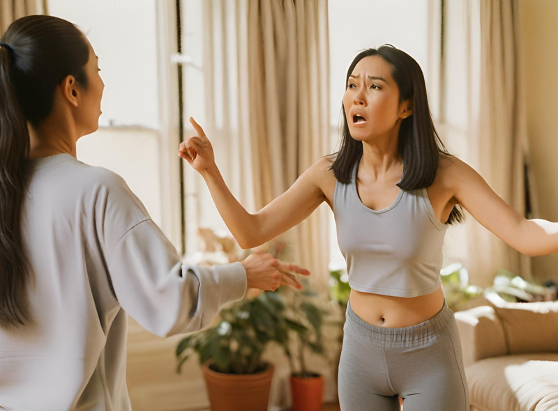 Asian woman looking frustrated arguing with her mom in the living room.